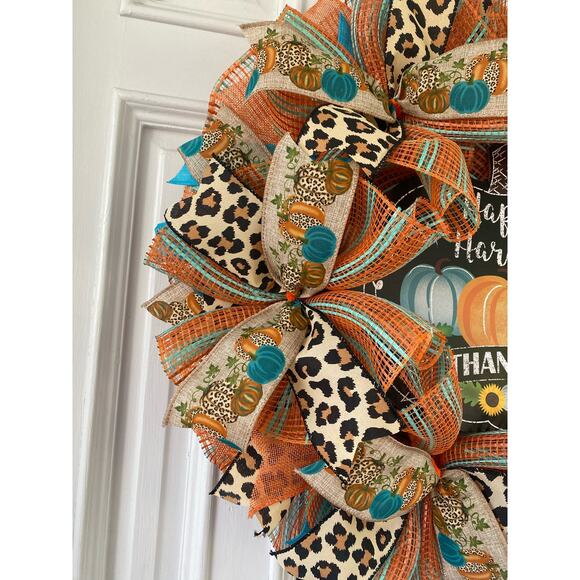 Happy Harvest Thankful Pumpkin Fall Deco Mesh Ribbon Leopard Cheetah Wreath - Picture 4 of 7